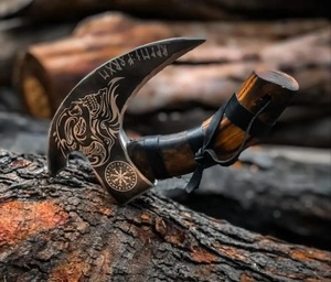 Hacha de Pizza Vikinga Hecha a Mano, Acero con Alto Contenido de Carbono, Mango de Madera, Funda de Cuero, Cortador de Cocina, Regalo de Alta Calidad para Chefs - Product Image 3