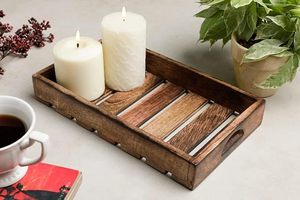 <b>Large</b> Natural Wood Slatted <b>Serving</b> <b>Tray</b> with Floral Pattern Modern Design Decorative Handles for Home Catering & Wedding Use - Product Image 3