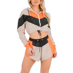 Custom Lightweight Full Zipper <b>Nylon</b> Color Block Shell Suit Short Crop Top Windbreaker Short Jogging Set Tracksuit for Women2026 - Product Image 1