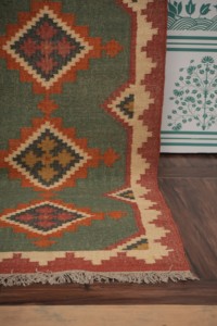 Tapis de couloir Kilim indien en laine et jute, tissé à la main, motif géométrique tribal en losanges, tissage plat, pour la décoration de la maison et des hôtels - Product Image 3