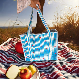 Nouveau sac fourre-tout matelassé bohème bleu uni pour femme, écologique, vintage, durable, pour le shopping et les voyages, ouvert - Product Image 3