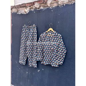 Conjunto de Pijama de Algodón para Mujer, Estampado Floral, Manga Larga, Corte Holgado, Dos Piezas, Cuello en V, Largo hasta la Pantorrilla - Product Image 5