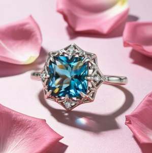 Anillo de Moissanita Azul Corte Princesa en Plata de Ley con Engaste de Puntas Chapado en Oro para Boda, Compromiso, Aniversario - Product Image 1