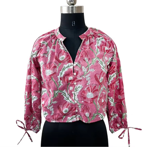 Blusa de Verano para Mujer, Estampada a Mano, Informal, de Algodón, con Bordado Floral y Botones, Corta, en Oferta - Product Image 1