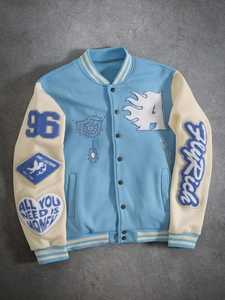 High Quality Light Blue Varsity <b>Jacket</b> For Men's With Chenille Embroidery <b>Patchwork</b> and Leather Sleeve Wholesale Customized - Product Image 1