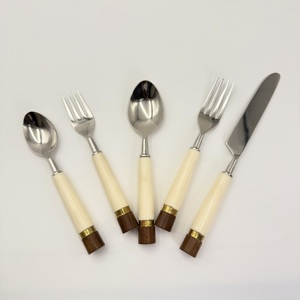 Ensemble de couverts en acier inoxydable avec manche en résine de forme ronde, finition miroir, manche argenté, pour la maison et l'hôtel - Product Image 4