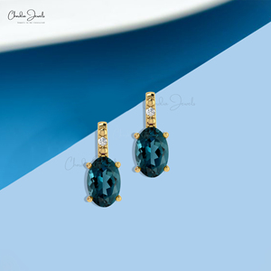 Pendientes de Oro Sólido de 14k con Topacio Azul de Londres y Diamantes, Corte Ovalado de 6x4mm, Pendientes de Boda - Product Image 5