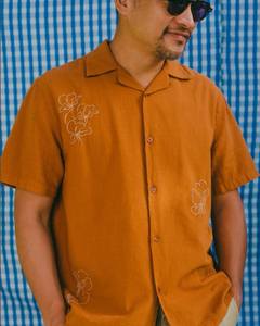 Fashionable Mens Brown Orange Cotton Embroidery <b>Shirt</b> <b>Half</b> Sleeves Floral Casual <b>Button</b> <b>Shirt</b> - Product Image 5
