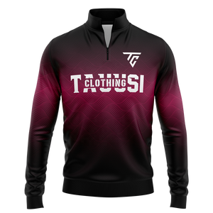 Sweat-shirt à col zippé pour homme personnalisé, noir et bordeaux dégradé, avec logo imprimé, manches longues, vêtements de sport athlétiques pour l'entraînement - Product Image 1