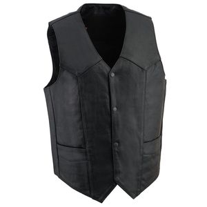 Chaleco de Motociclista de Cuero Genuino Negro para Hombre, Cuello en V, Cierre de Botones de Una Sola Fila, Largo Regular, Prenda Exterior - Product Image 1