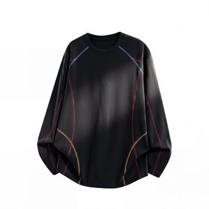 Camisetas de Manga Larga para Hombre con Costuras en Contraste, Cuello Redondo, Costuras Expuestas, Estilo Oversize, Color Negro, Venta al Por Mayor Personalizada - Product Image 2