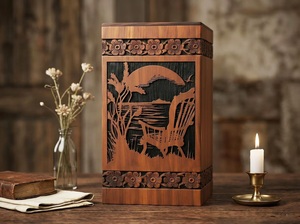 Urna Funeraria Artesanal de Madera de Palisandro con Grabado de Atardecer junto al Lago, Ecológica y Duradera, Estilo Americano - Product Image 6