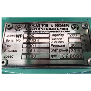 Compresseur d'air marin J.P. SAUER & SOHN WP200, unité haute pression 206 M/h 39,6 kW pour le démarrage du moteur de navire - Product Image 5