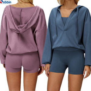 Conjunto de Sudadera con Capucha y Pantalones Cortos de 2 Piezas para Mujer, Color Sólido, Corte Regular, Informal, Otoñal, Felpa, Spandex, Algodón, Estilo Hip Hop - Product Image 6
