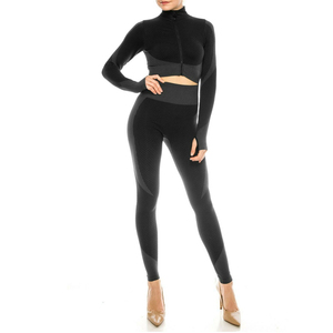 Women High Waisted Turtleneck Yoga Set Full Length <b>Leggings</b> <b>Seamless</b> Ribbed Spandex Polyester Activewear Fitness Workout Outfit - Product Image 2