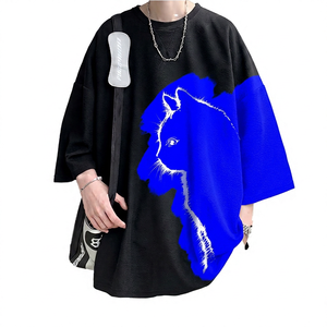 T-shirt noir surdimensionné pour homme avec imprimé chat blanc, manches courtes, col rond, style streetwear, tissu jersey respirant, coupe ample - Product Image 5