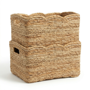 100% Natural Water Hyacinth Woven Storage Basket Bohemian Style Handwoven Scalloped with Handles Rectangular Shape - Product Image 6