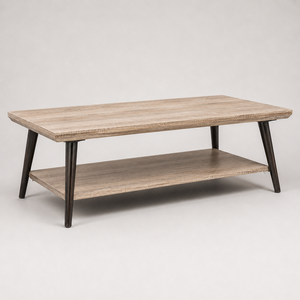 Mesa de centro rectangular moderna con estante de almacenamiento inferior, acabado en madera clara y patas cónicas oscuras para una decoración elegante de la sala de estar - Product Image 1