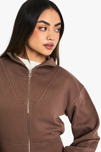 Women Brown <b>Zip</b>-<b>Up</b> Hoodie Full Sleeve Solid Knitted Stand Collar Short Length Autumn Wear - Product Image 3