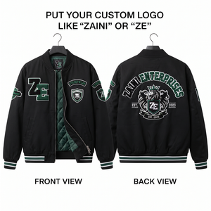 เสื้อแจ็คเก็ตบอมเบอร์โพลีเอสเตอร์พรีเมียม 220 GSM สีดำ-เขียว แต่งขอบยางยืด ซับในแบบควิลท์ ปักโลโก้ตามสั่ง กันลม ใส่ได้ทั้งชายและหญิง สำหรับฤดูหนาว - Product Image 1