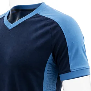 เสื้อฟุตบอลแขนสั้นคอวีสำหรับผู้ชาย สีน้ำเงินเข้ม/สีน้ำเงิน ผ้าถักตาข่ายแบบแร็กแลน ทรงปกติ ระบายอากาศได้ดี ผลิตจากโพลีเอสเตอร์ - Product Image 6