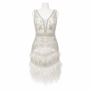 Women White Feather <b>Sequin</b> Mini Dress Deep V Neck Beaded Pearl Embellished Sleeveless Elegant Party Cocktail Wedding Evening - Product Image 1
