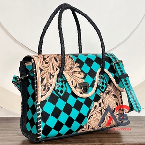 Premium 2026 Fashion Woman's Bag Checkered Floral Design Tooled Leather Tote Messenger Bag Genuine Cowhide Leather Handbag Purse - Product Image 1