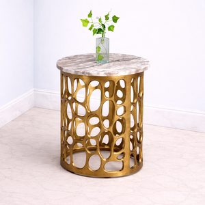 โต๊ะบาร์อะลูมิเนียมหล่อขึ้นรูปทรงทันสมัย ท็อปหินอ่อนทรงกลม ฐานลายฉลุเรขาคณิต แข็งแรงทนทาน หรูหรา โดดเด่นเป็นเอกลักษณ์ - Product Image 1