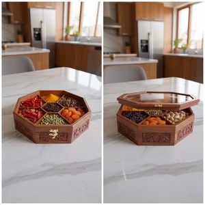 Caja de especias octogonal hecha a mano de madera de Sheesham, organizador de masala con tapa de vidrio - Product Image 4