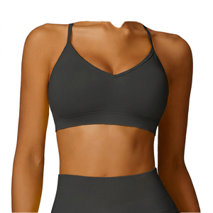 Soutien-gorge de sport pour femme jaune à col en V, maintien moyen, couleur unie, extensible, idéal pour le yoga et l'entraînement - Product Image 3