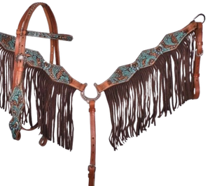 Juego de arreos para caballo estilo western con adornos florales en turquesa y marrón, incluye cabezada, pechopetral con flecos y riendas, hecho a mano, genuino y de primera calidad. - Product Image 3