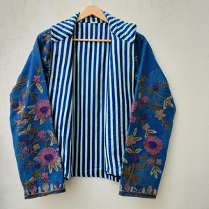 Handcrafted Kashmiri Aari Embroidery Women Royal Blue Velvet Woven <b>Quilted</b> Breathable Eco-Friendly Winter Coat Crewel Work - Product Image 1