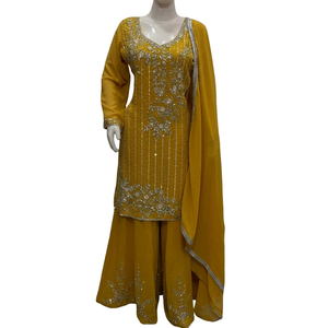 FAMUCAAS Hermoso Conjunto de Vestido Bordado a Mano para Mujer con Salwar/Plazo/Sharara de Georgette Blanca para Bodas y Fiestas, Ropa Étnica - Product Image 3