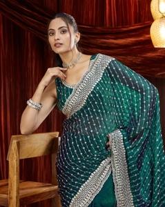 Sari de Mezcla de Seda Bordado Estilo Bollywood KV (Azul) - Product Image 2
