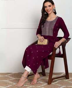 Kurti Morado de Rayón con Cuello Bordado, Corte Holgado, Largo hasta el Tobillo, Estilo Tradicional Indio-Pakistaní, Ropa Casual para Mujer, Kurtis Sencillos - Product Image 4