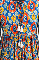 Vestido Formal Largo hasta el Suelo para Mujer, Estampado Ikat, Corte en A, Mangas Largas, Cuello Redondo, Hecho a Mano, Obra Maestra, Algodón de la Mejor Calidad, Mini