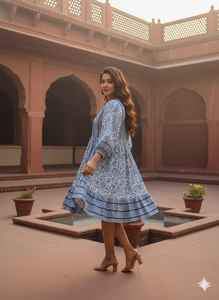 Vestido Corto con Estampado Digital Azul Índigo, Túnica Boho de Verano, Midi de Algodón con Volantes, Ropa Étnica India con Mangas con Volantes para Mujer, Natural - Product Image 5