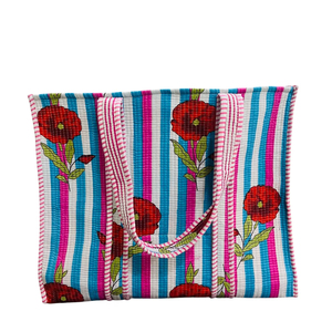 Indian 100% Cotton Handmade Handblock Printed Geometric Pattern Quilted Shoulder Tote Travel <b>Bag</b> Bohemian <b>Beach</b> Style <b>Large</b> Size - Product Image 1