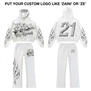 Men Tracksuit Premium Cotton Fleece 320 GSM <b>White</b> Custom Logo Embroidery Applique Flame Graphic <b>Hoodie</b> Jogger Pants Set Outfit - Product Image 1