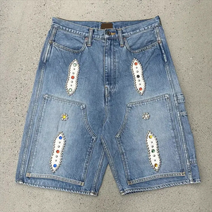 Pantalones Cortos Vaqueros Rectos de Mezclilla Viral para Hombre, con Bajo Desgastado, Bordados, con Apliques de Pedrería, Estilo Urbano y Deportivo - Product Image 3