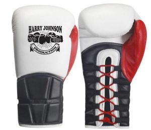 HARRY JOHNSON PRODUCTION Leather Boxing Gloves <b>White</b> Red Black <b>Lace</b>-Up Wrist Full Finger Adult Training Gear - Product Image 1