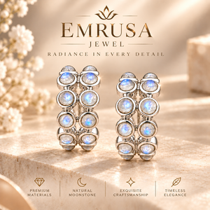 Boucles d'oreilles en argent sterling 925 avec pierre de lune arc-en-ciel – Bijoux demi-cerceau à double rangée de cabochons - Product Image 6
