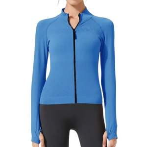 Royal Blue Slim Fit Long Sleeve Women Yoga <b>Jackets</b> Full Zip Mock Neck Breathable High Elasticity Athletic Gear <b>Workout</b> Top Front - Product Image 1