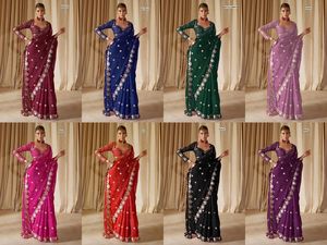 Premium Indian Saree Set Georgette With Sequence Embroidery Work Outfit Wedding Party wear Elegant Festive Wear Outfit For Women - Product Image 4