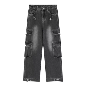 Pantalon cargo noir taille haute déchiré avec plusieurs poches, coupe ample, longueur intégrale, style utilitaire pour femme - Product Image 1