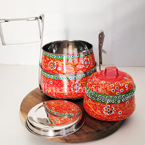 Luxury Stainless Steel Tiffin Box Hand Painted Design Heatable & <b>Portable</b> Dual Tier 2-Compartment - Product Image 6