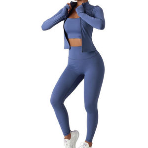 Seamless 3 Piece Yoga Set <b>Women</b> Mid Waist <b>Leggings</b> Crew Neck Full Length Solid Color <b>Crop</b> Top Elastic Waist Spandex Nylon Front - Product Image 1