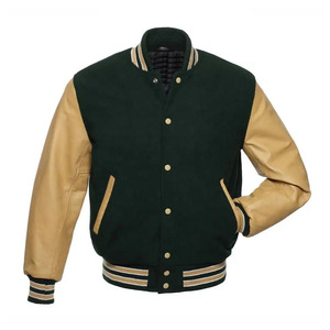 Veste de sport verte pour homme avec manches en cuir marron, fermeture à boutons, col rabattu, vêtement décontracté d'automne, coupe classique - Product Image 1