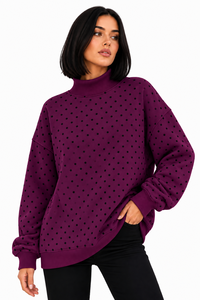 Sudadera cómoda de secado rápido y transpirable con lunares rosas, cuello simulado, para mujer, manga larga, de punto de algodón, estilo otoñal - Product Image 5