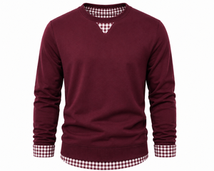 เสื้อสเวตเตอร์ผู้ชายสีเบอร์กันดี ผ้าฝ้ายฟลีซถัก 100% คอปกและปลายแขนเสื้อลายสก็อต แขนเสื้อแบบปกติ สไตล์ลำลองสำหรับฤดูใบไม้ร่วง เหมาะสำหรับใส่เป็นเลเยอร์ - Product Image 1